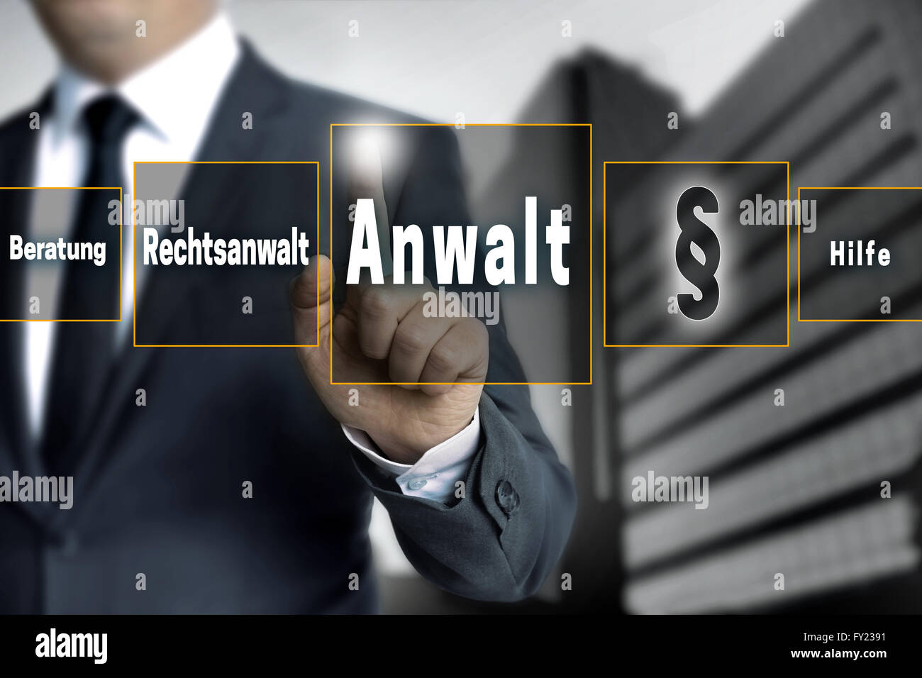 anwalt (in german lawyer, attorney, help, advice) touchscreen is operated by businessman. Stock Photo
