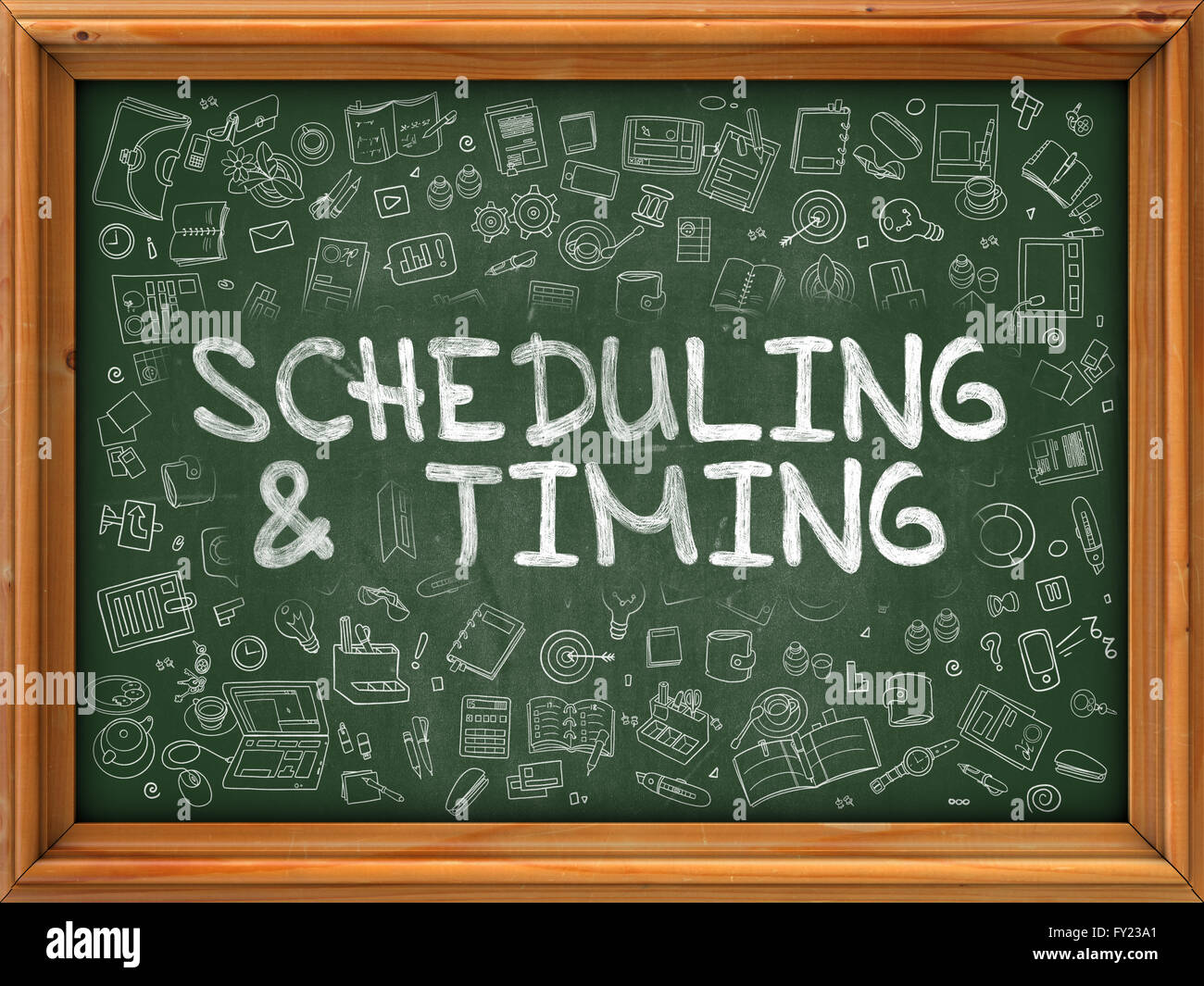 Green Chalkboard with Hand Drawn Scheduling and Timing. Stock Photo