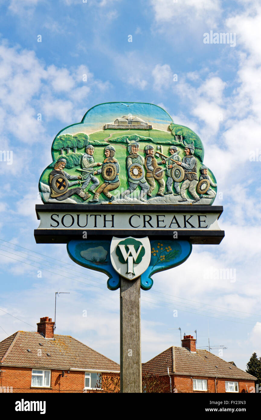 A view of the village sign of South Creake, Norfolk, England, United Kingdom. Stock Photo