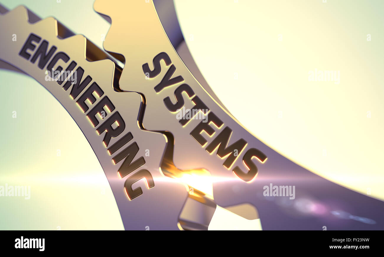 Systems Engineering on Golden Metallic Cog Gears. Stock Photo