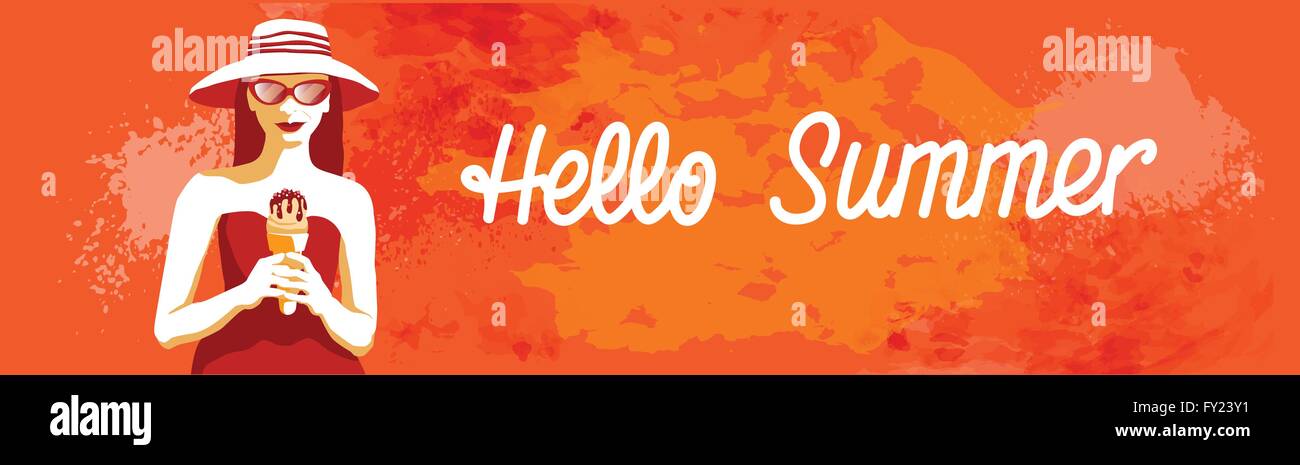 Woman Hold Ice Cream Cone Hello Summer Banner Stock Vector Image & Art ...