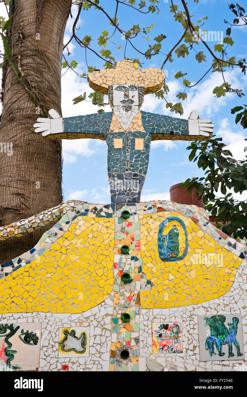 Vertical view of a colourful caricature mosaic of Camilo Cienfuegos at Fusterlandia in Havana, Cuba. Stock Photo