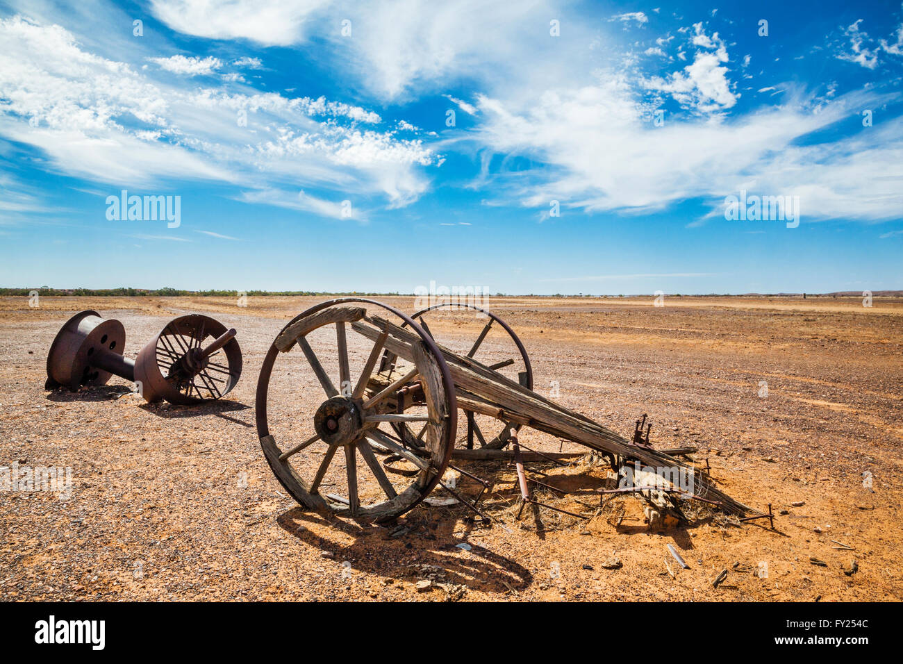 old wagon axle abandoned machinery parts at the ruins of the Warrina Siding of the old Ghan railway line, Oddnadatta Track Stock Photo