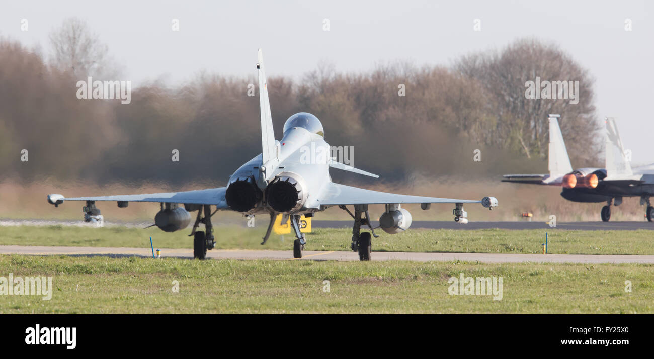 LEEUWARDEN, NETHERLANDS - APRIL 11, 2016: German Air Force Eurofighter landing during the exercise Frisian Flag. The exercise is Stock Photo