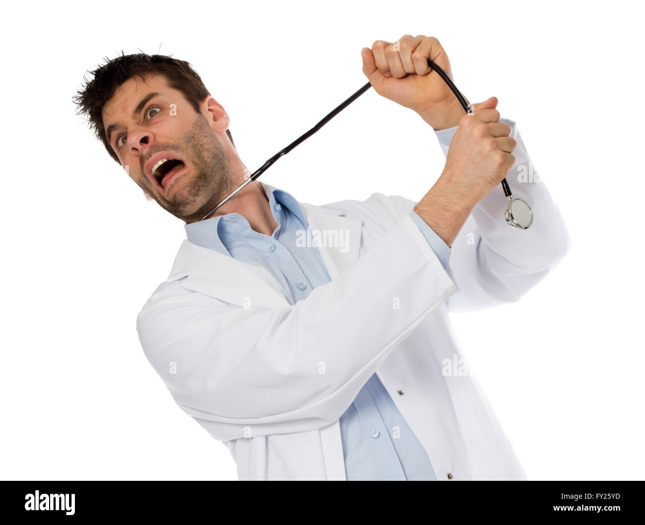 Humorous portrait of a young depressed suicidal surgeon with a stethoscope on his neck, isolated on white Stock Photo