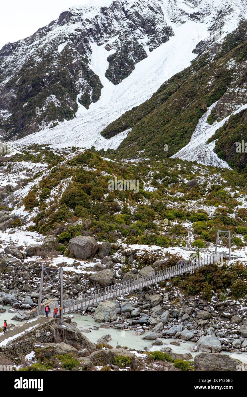 A suspension bridge on the Hooker Valley Track in Mt Cook National Park