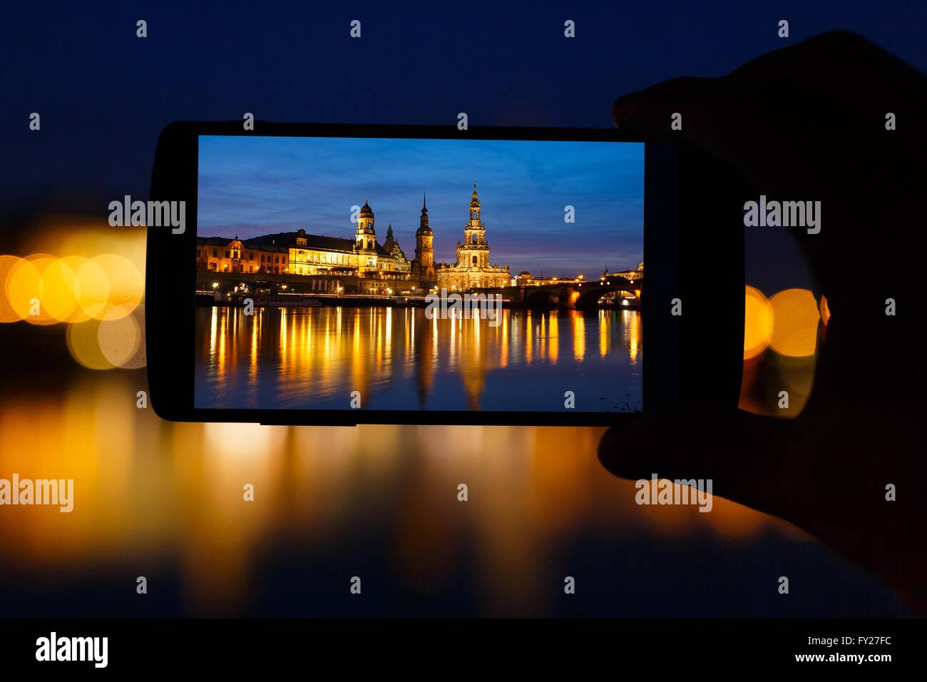 Dresden through the viewfinder phone in the hand Stock Photo Alamy