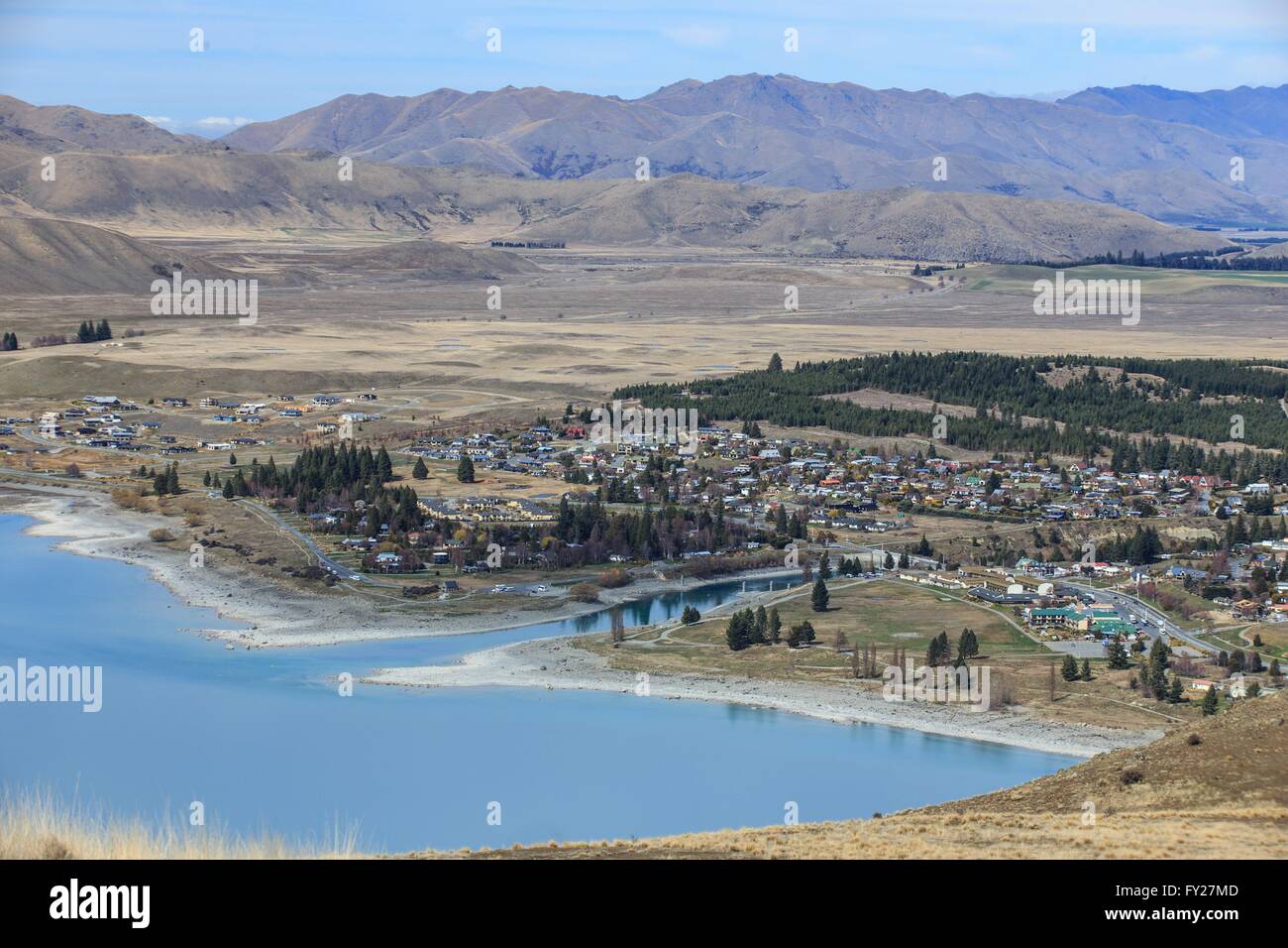 Looking down on the small town of Tekapo from the Mt John Observatory, New Zealand Stock Photo