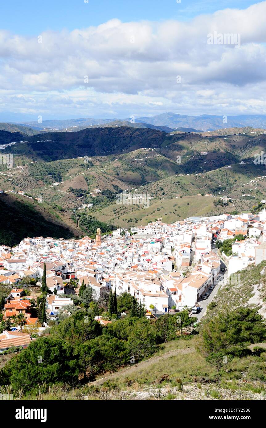 The whitewashed village of Competa on the edge of the Sierra Trjeda ...