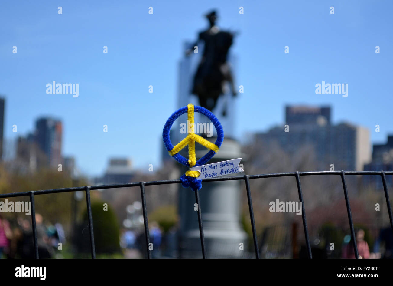 Memorial marking the anniversary of the Boston Marathon bombings in the Public Gardens, Boston. Stock Photo
