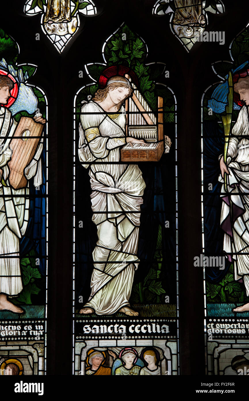 Saint Cecelia stained glass window detail at Christ Church College Cathedral, Oxford, UK Stock Photo