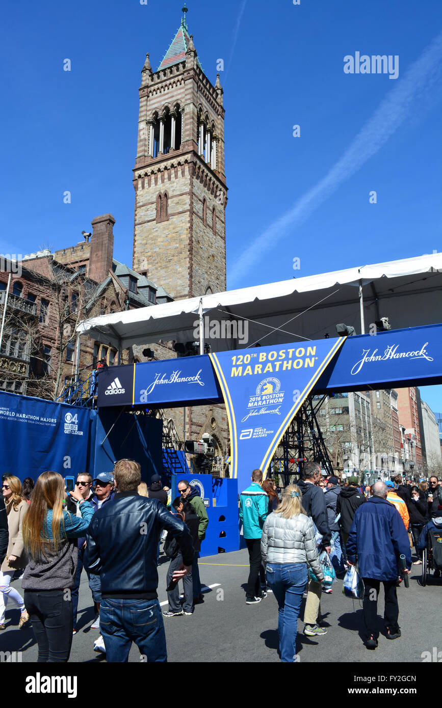 People gathering at the finish line of the Boston Marathon the day before the race. Stock Photo