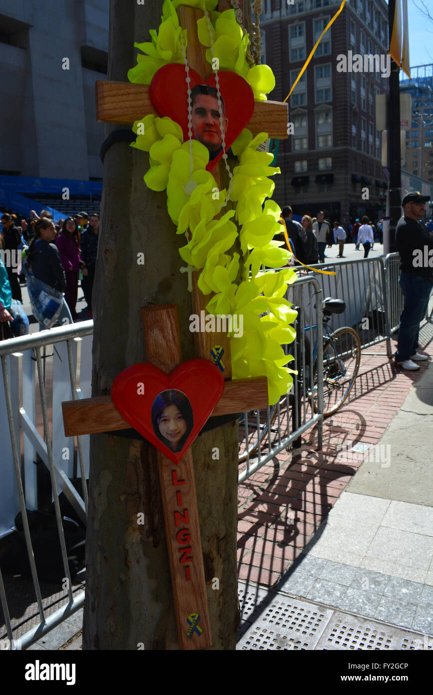 Memorial for victims of the Boston Marathon bombings near the finish line of the race in Boston. Stock Photo