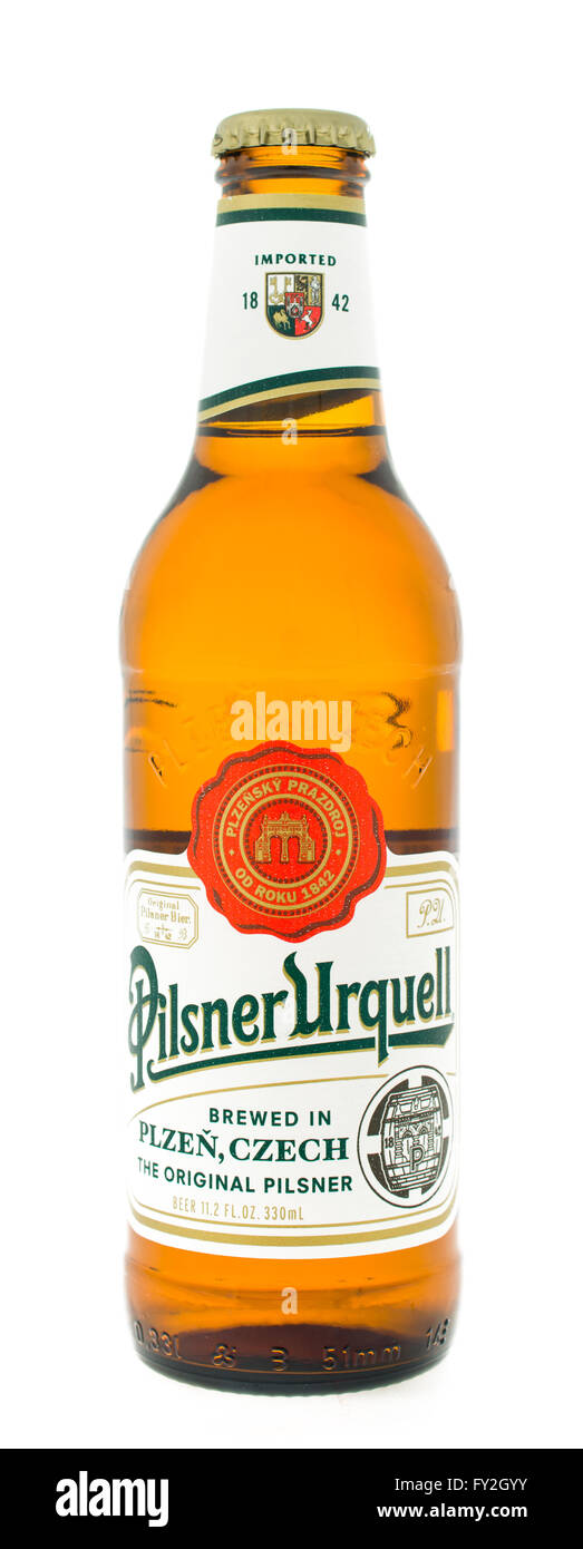 Winneconne, WI - 3 February 2015:  Pilsner Urquell beer was first brewed in 1842 and located in Plzen, Czech Republic. Stock Photo