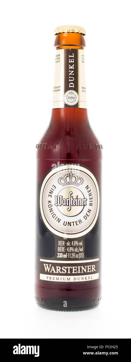Winneconne, WI - 3 February 2015: Warsteiner  Premium Dunkel beer was first brewed in 1783. Stock Photo