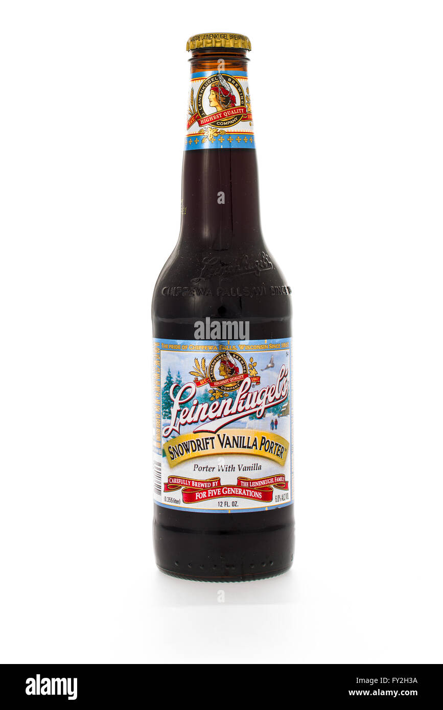 Winneconne, WI - 6 February 2015:  Bottle of Leinenkugel's Snowdrift Vanilla Porter beer brewed in Wisconsin. Stock Photo
