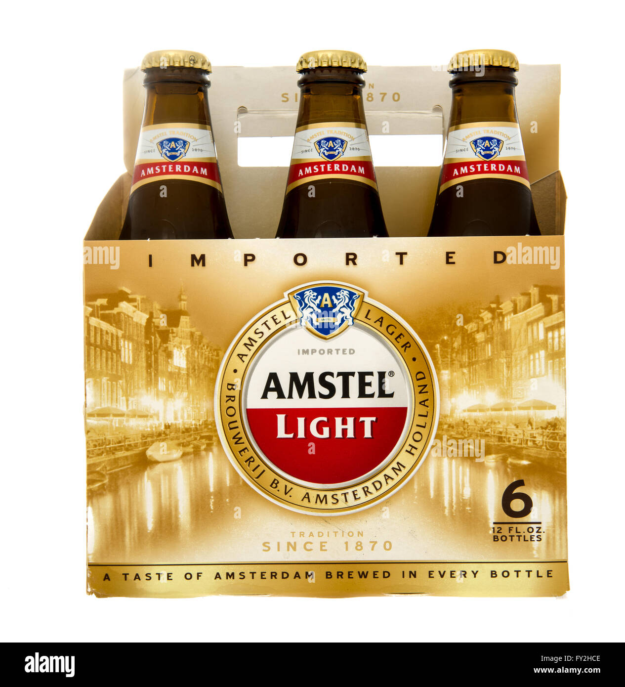 Winneconne, WI -29 Oct 2015: Six pack of Amstel Light beer. Stock Photo