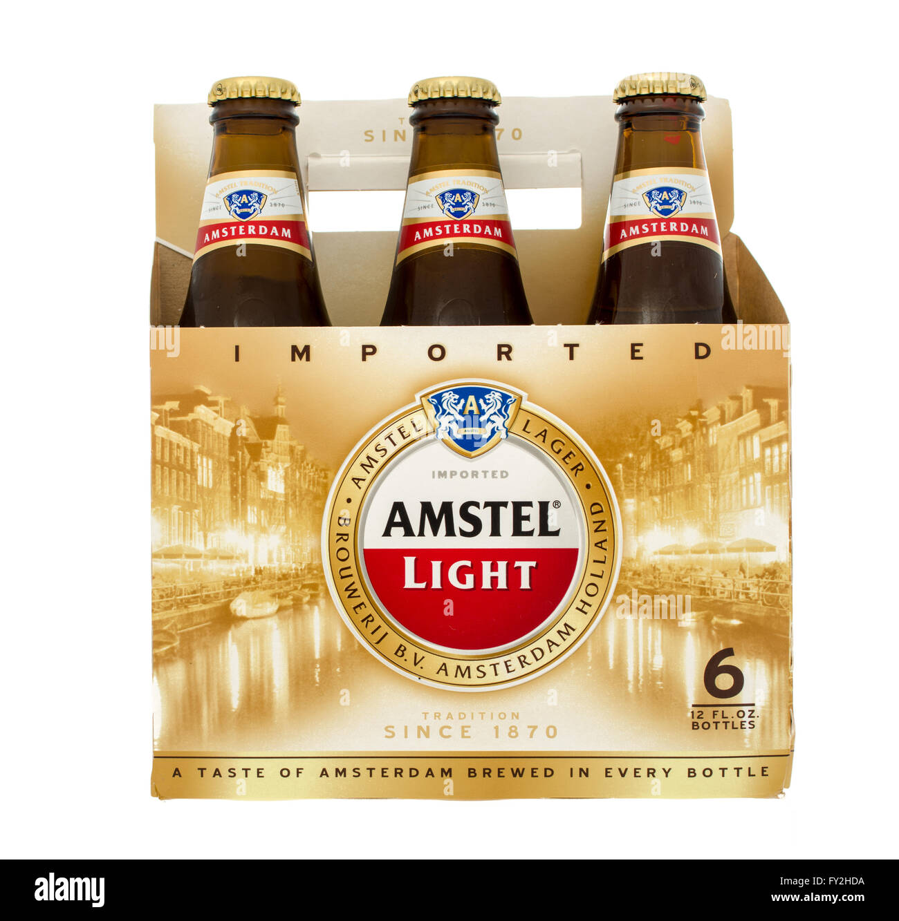 Winneconne, WI -31 Oct 2015: Six pack og Amstel light beer. Stock Photo