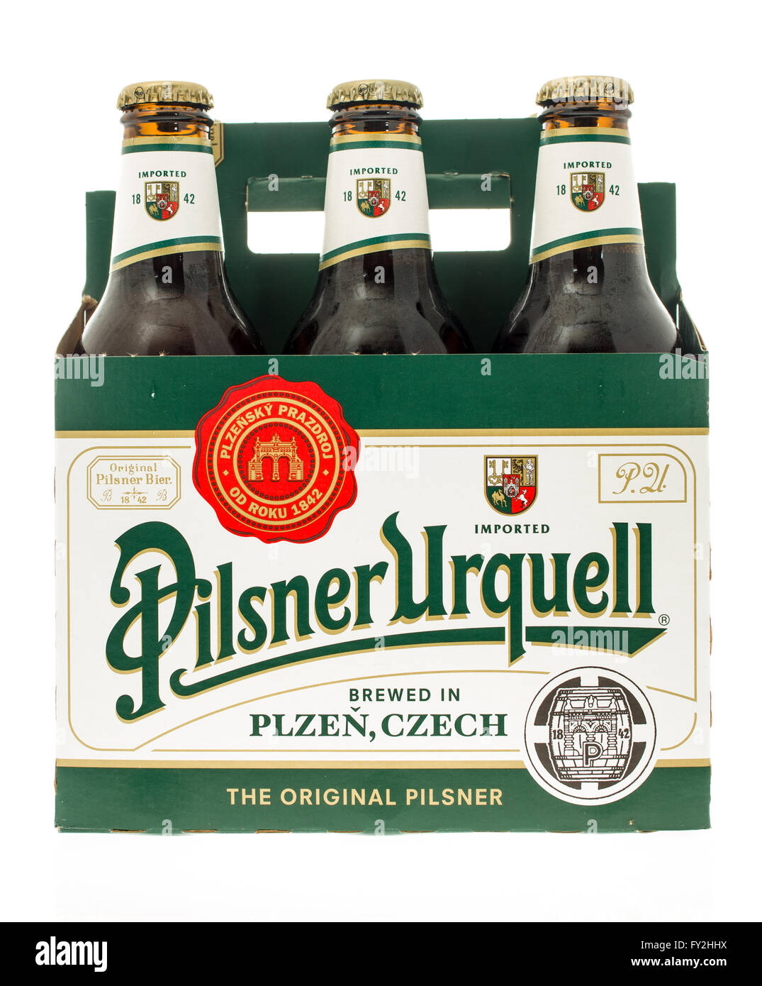 Winneconne, WI -3 Nov 2015: Six pack of Pilsner Urquell beer. Stock Photo