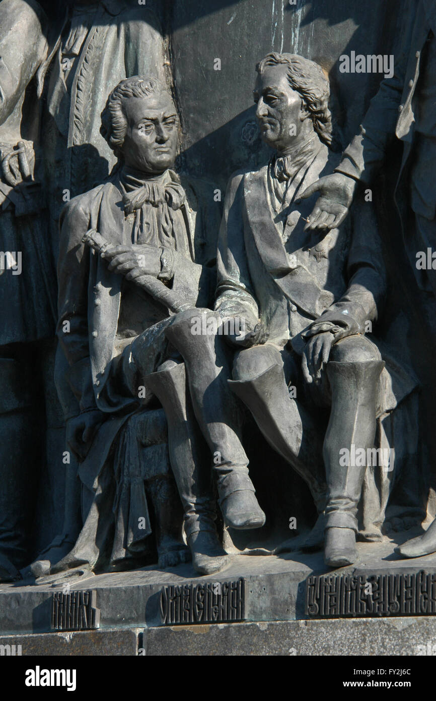 Russian Field Marshal Burkhard von Munnich (L) and Russian General Alexei Orlov-Chesmensky (R) depicted in the bas relief dedicated to Russian military leaders and heroes by Russian sculptors Matvey Chizhov and Alexander Lubimov. Detail of the Monument to the Millennium of Russia (1862) designed by Mikhail Mikeshin in Veliky Novgorod, Russia. Stock Photo