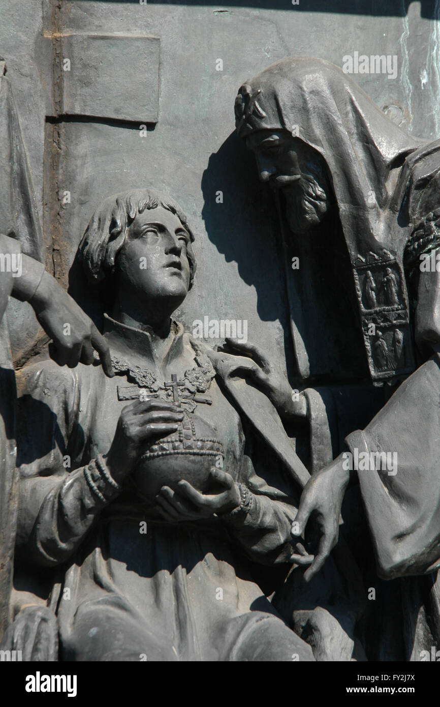 Tsar Michael of Russia (L) as a 16-year-old boy and his father Patriarch Philaret of Moscow (R) depicted in the bas relief dedicated to Russian statesmen by Russian sculptor Nikolai Laveretsky. Detail of the Monument to the Millennium of Russia (1862) designed by Mikhail Mikeshin in Veliky Novgorod, Russia. Stock Photo