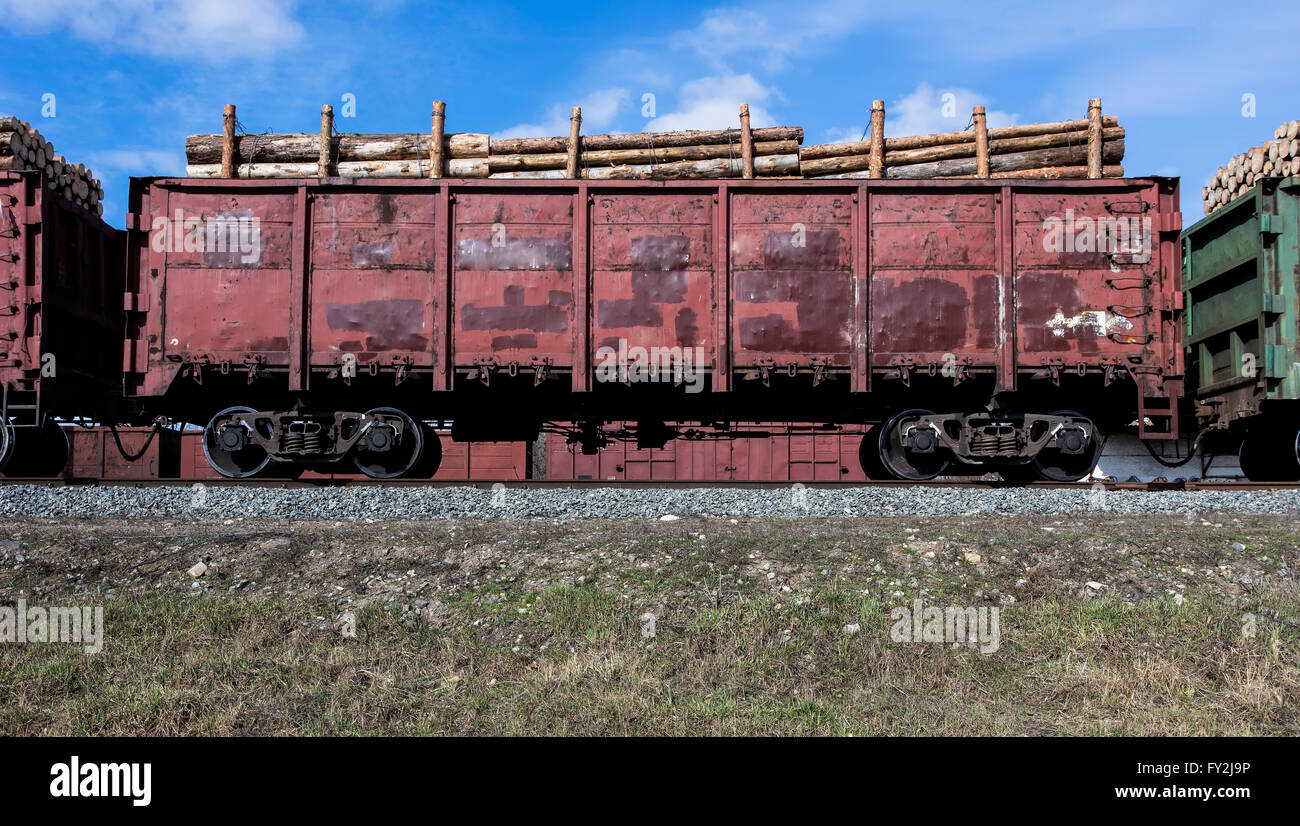 railway freight wagon, loaded with wood Stock Photo Alamy