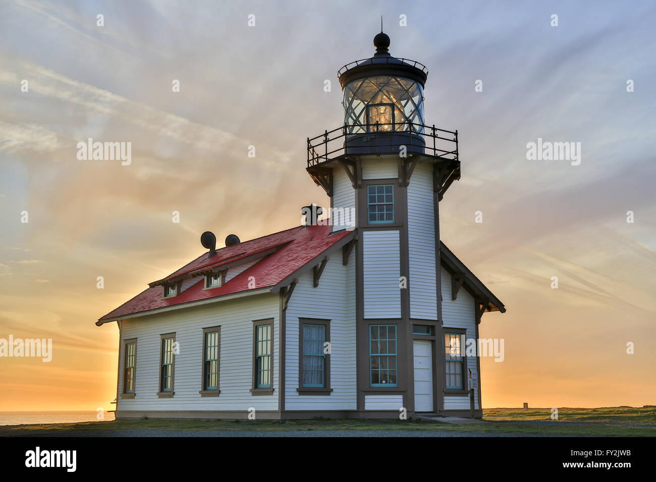Sunset over Point Cabrillo Light Station State Historic Park, Mendocino County, California Stock Photo