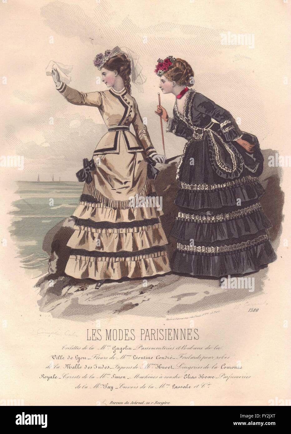 FASHION: Elegant Parisian ladies. black. tan, antique print 1869 Stock Photo