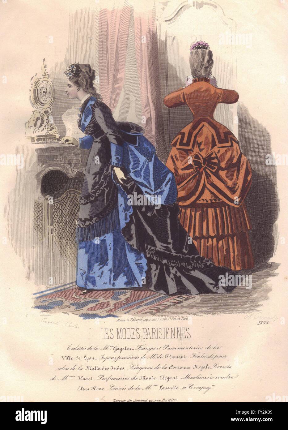 FASHION: Elegant Parisian ladies. blue. black. tan, antique print 1869 Stock Photo