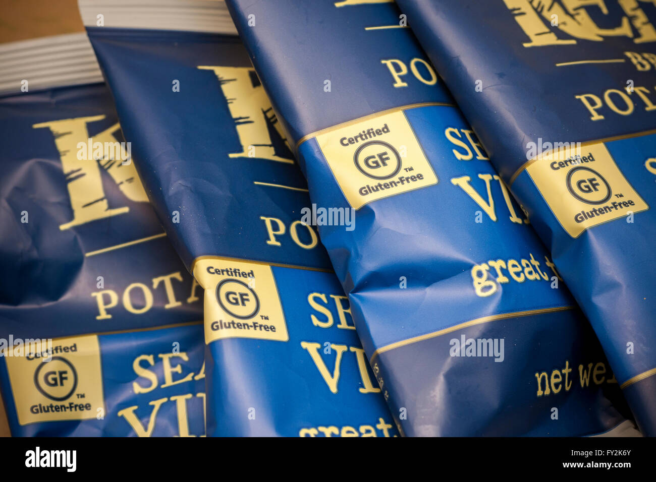 Kettle brand potato chips proudly display their 'Gluten-Free Verified' labeling, seen in New York on Sunday, April 17, 2016. Kettle is a brand of Diamond Foods. (© Richard B. Levine) Stock Photo
