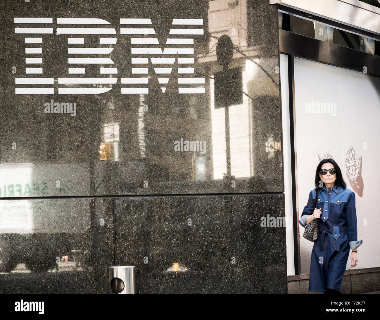 The IBM logo is seen on their building's headquarters in New York on Monday, April 18, 2016. IBM is scheduled to release its first-quarter earnings today after the bell,.(© Richard B. Levine) Stock Photo