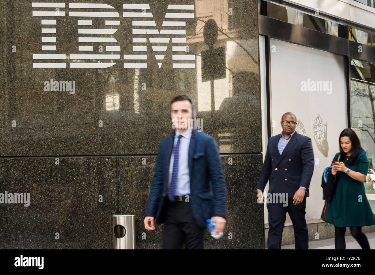 The IBM logo is seen on their building's headquarters in New York on Monday, April 18, 2016. IBM is scheduled to release its first-quarter earnings today after the bell,.(© Richard B. Levine) Stock Photo