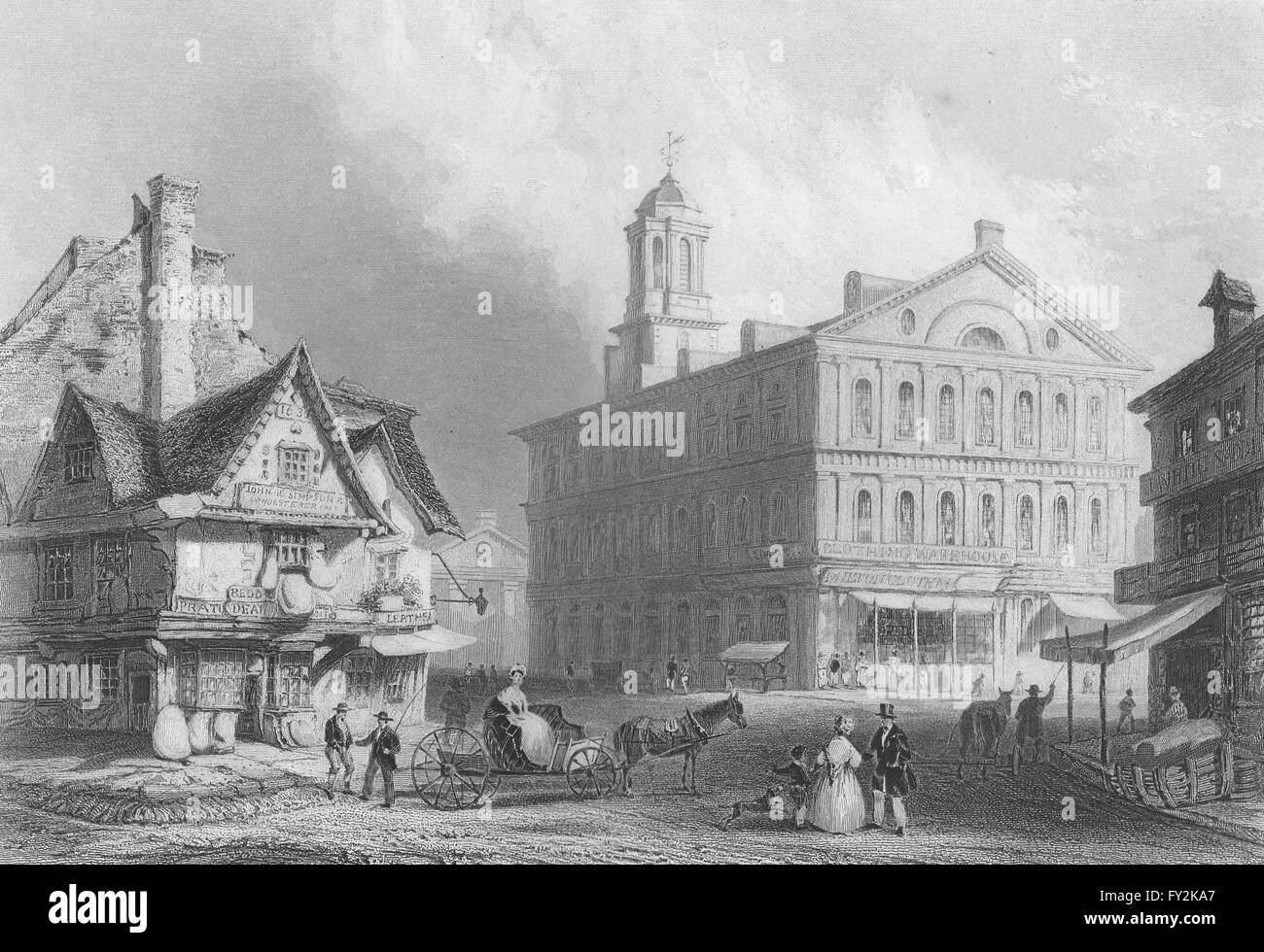 Faneuil Hall, Boston, Massachusetts. WH BARTLETT, antique print 1840
