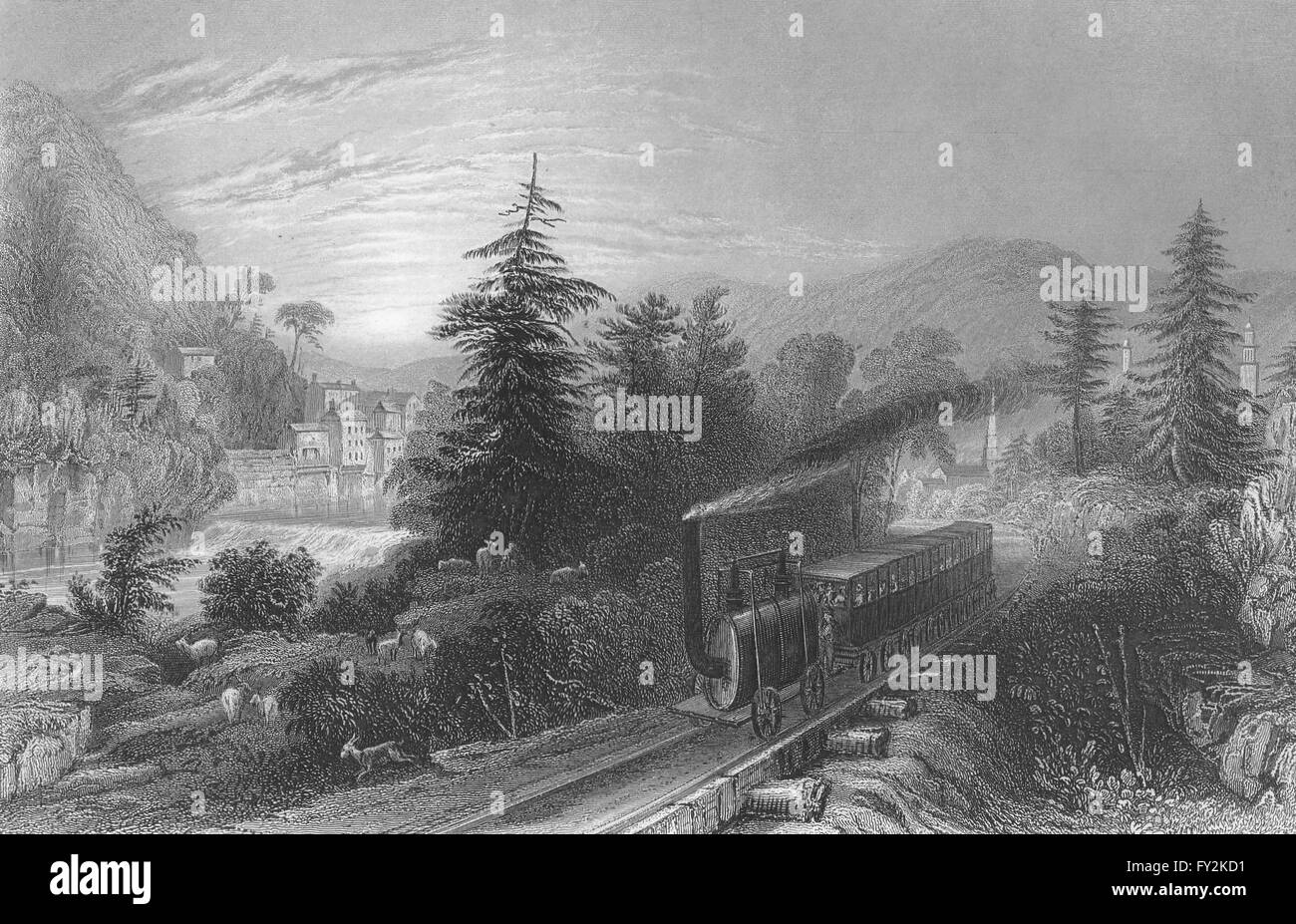 Rail-road Scene, Little Falls, Valley of the Mohawk, New York. WH BARTLETT, 1840 Stock Photo