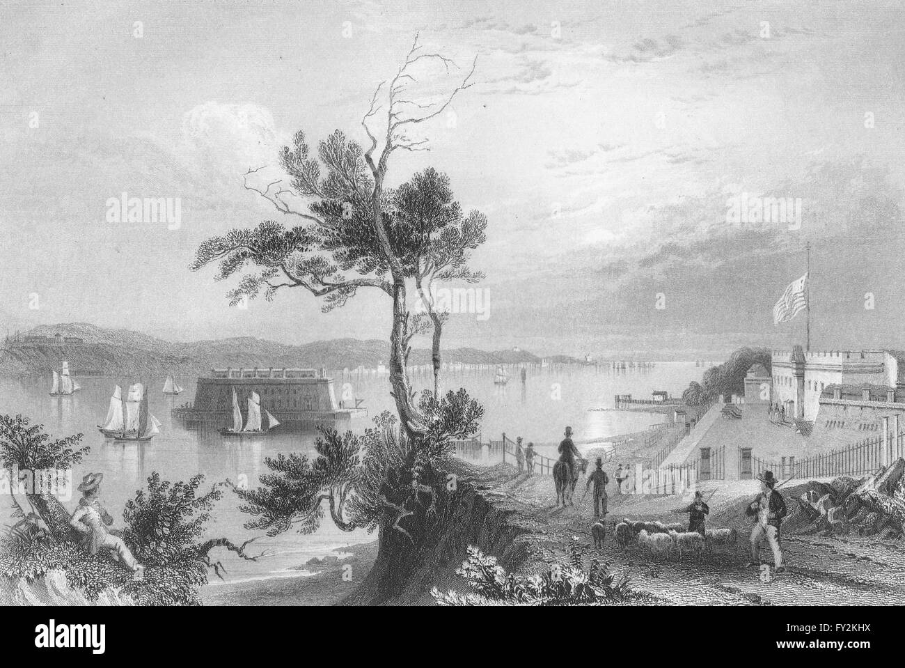 The Narrows (from Fort Hamilton), New York. WH BARTLETT, antique print 1840 Stock Photo Alamy