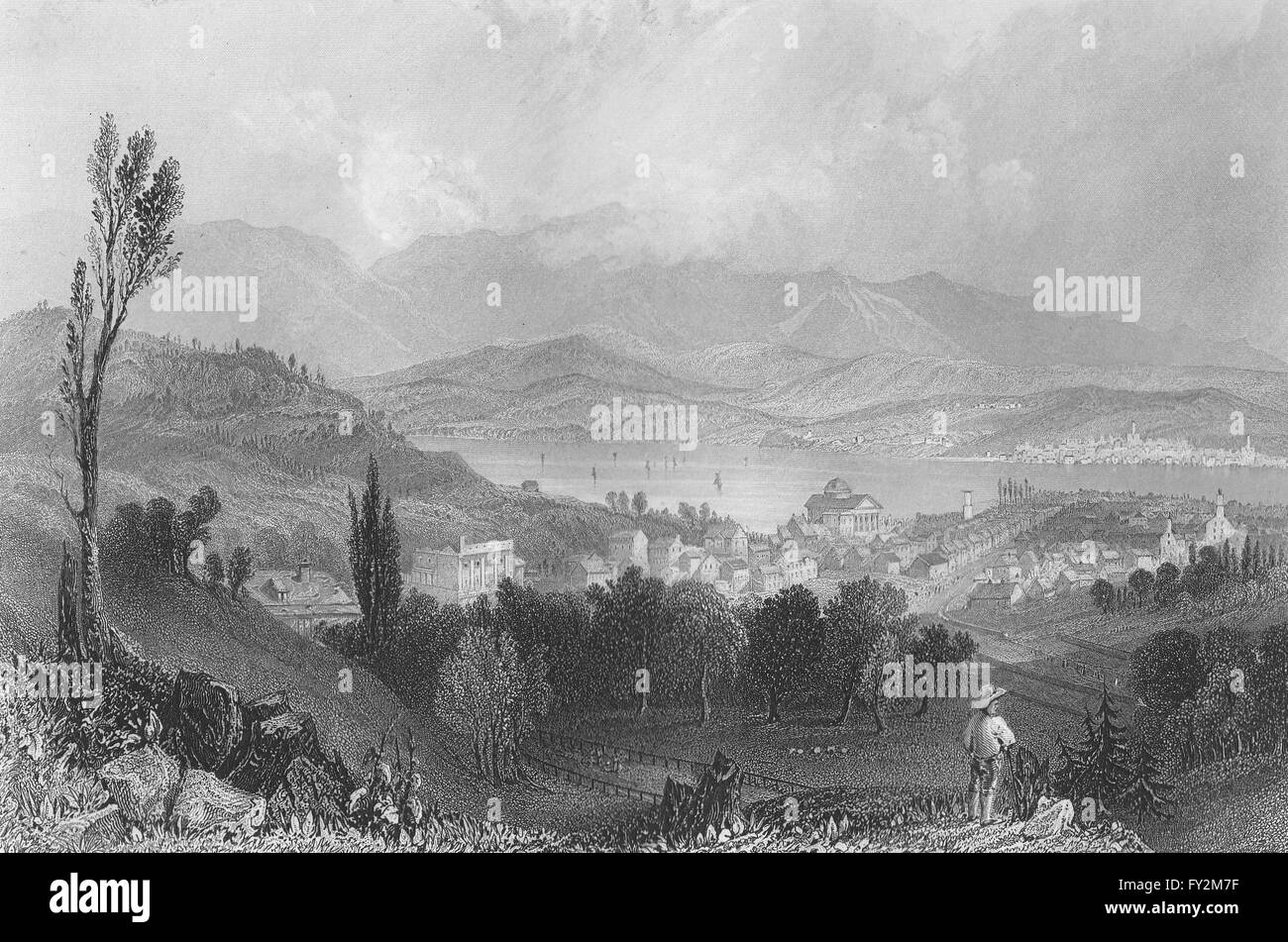 View of Hudson City, and the Catskill Mountains, New York. WH BARTLETT, 1840 Stock Photo