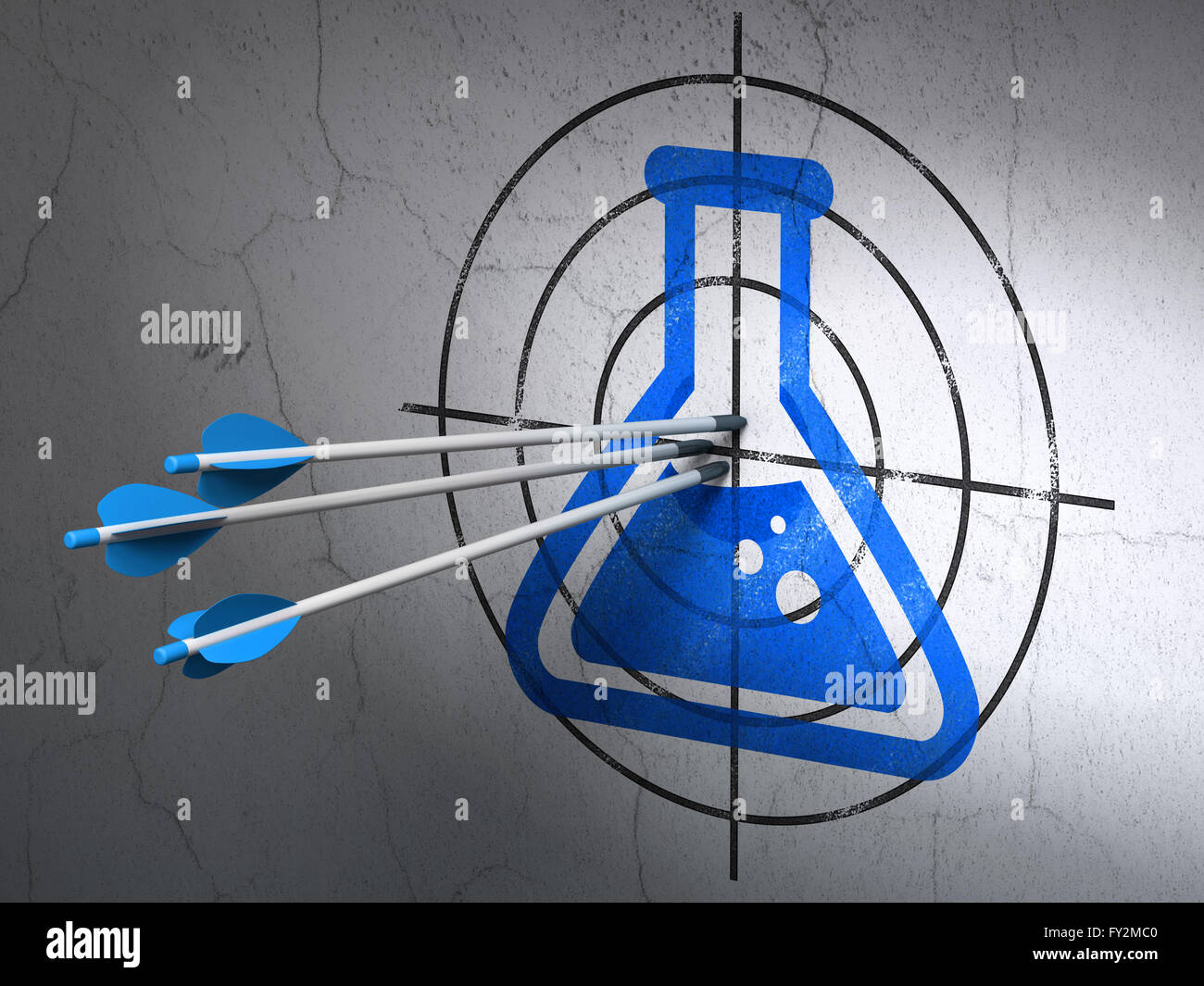 Science concept arrows in Flask target on wall background Stock Photo