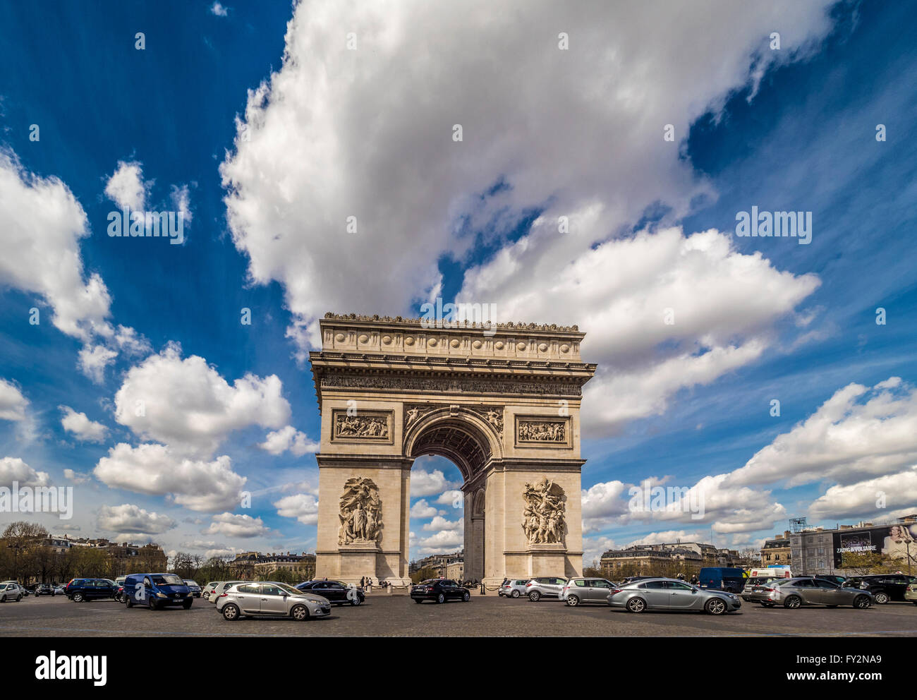 Traffic and Arc de Triomphe, Paris, France. Stock Photo