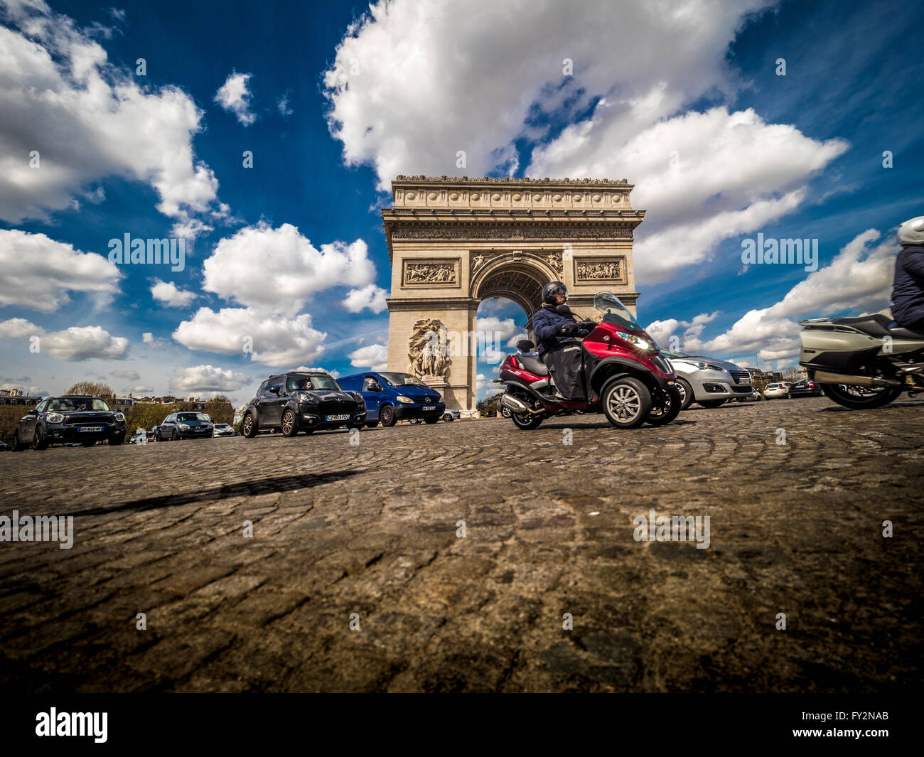 Traffic and Arc de Triomphe, Paris, France. Stock Photo