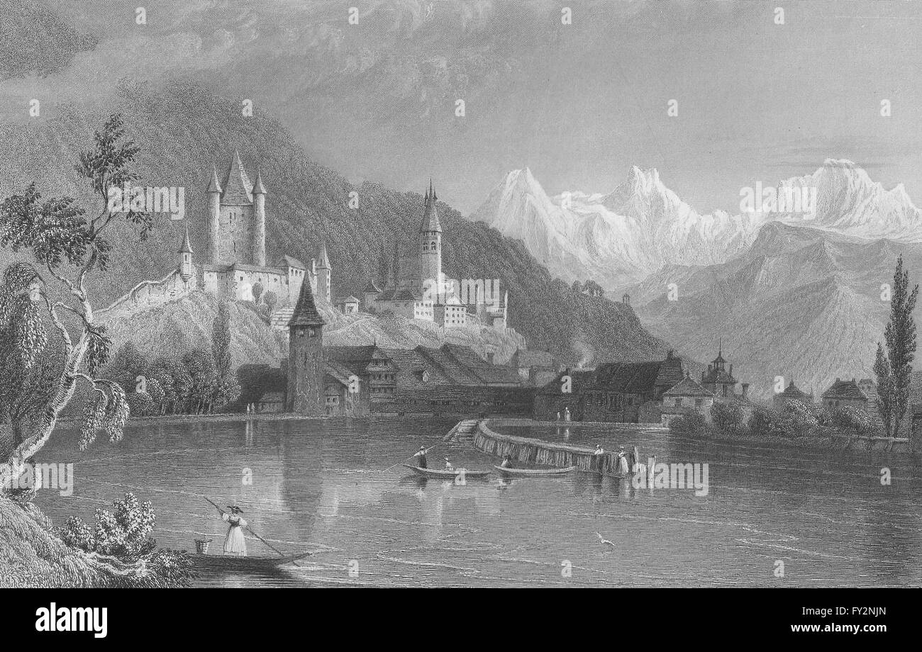 SWITZERLAND: Thun, with the Bernese Alps. BARTLETT, antique print 1836 Stock Photo