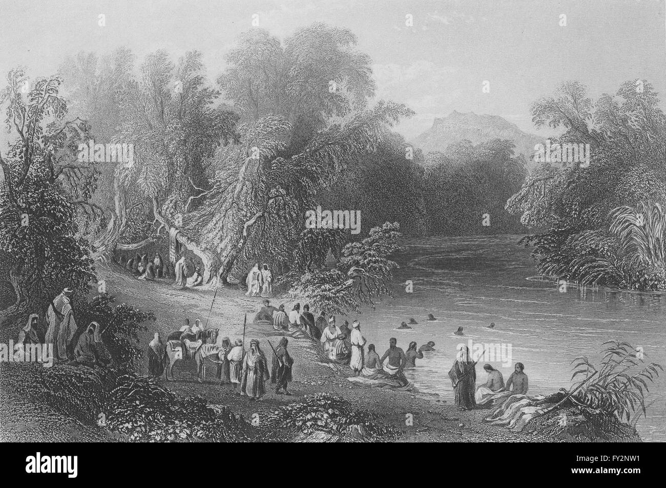 ISRAEL: Greek Bathing Place, River Jordan-Bartlett, antique print 1847 Stock Photo