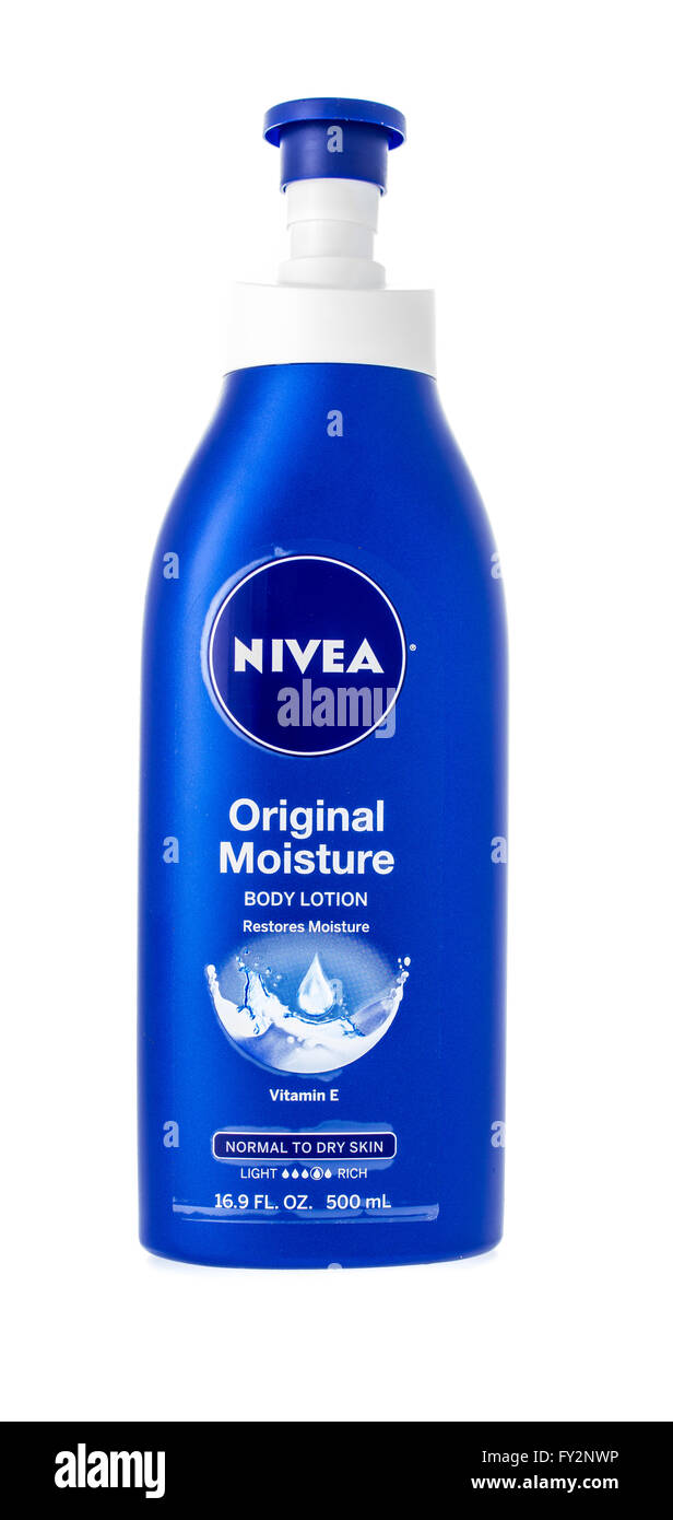 Winneconne WI -17 March 2015:  Bottle of Nivea Original Moisture body lotion with vitamin E. Stock Photo