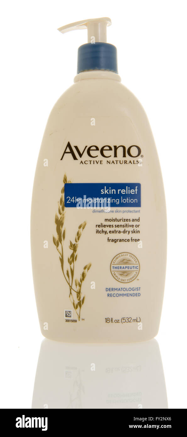 Winneconne, WI - 5 March 2016:  A bottle of Aveeno 24 hour skin relief lotion. Stock Photo