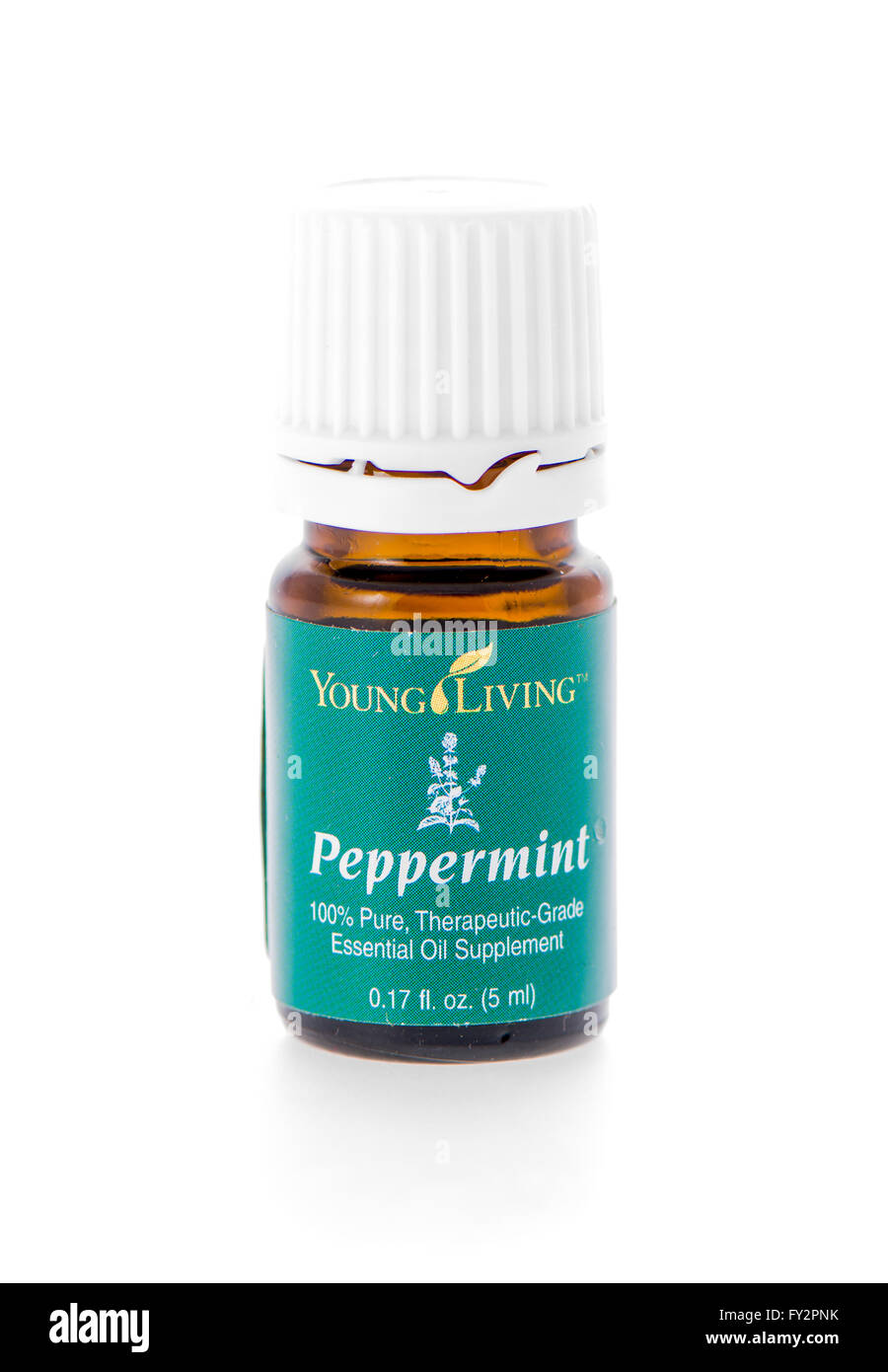 Winneconne, WI - 19 February 2015:  Bottle of Young Living Peppermint essential oil supplement. Stock Photo