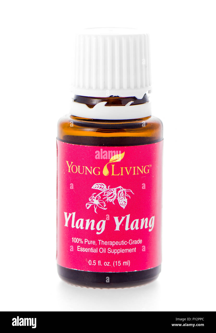 Winneconne, WI - 19 February 2015:  Bottle of Young Living Ylang Ylang essential oil supplement. Stock Photo