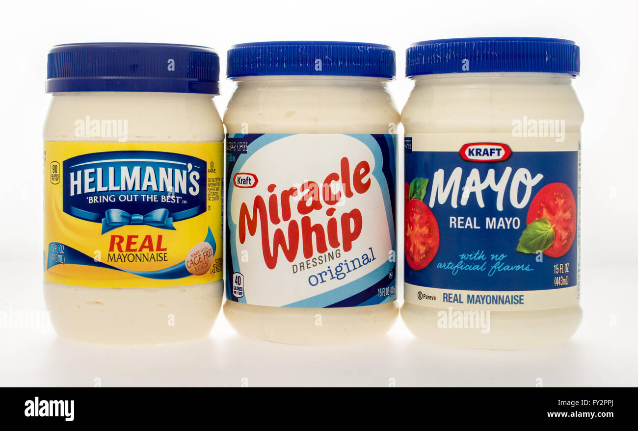 Winneconne, WI -23 Oct 2015: Group shot of the most popular brands of Mayonnaise. Stock Photo