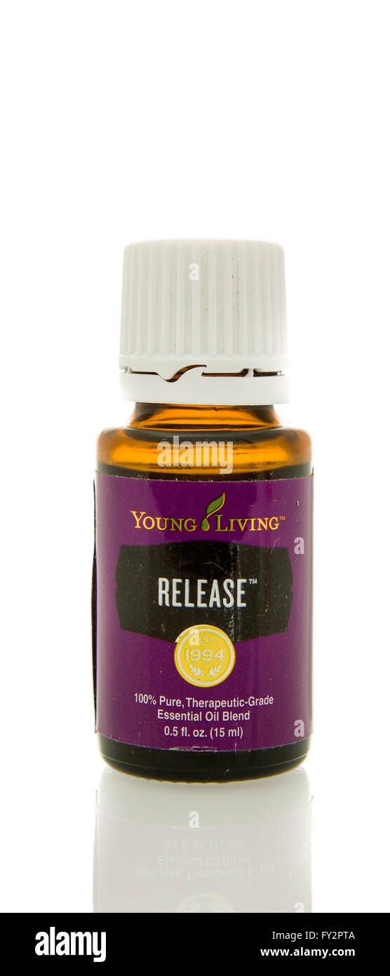 Winneconne, WI - 10 Feb 2016:  Bottle of Young Living release essential oil. Stock Photo