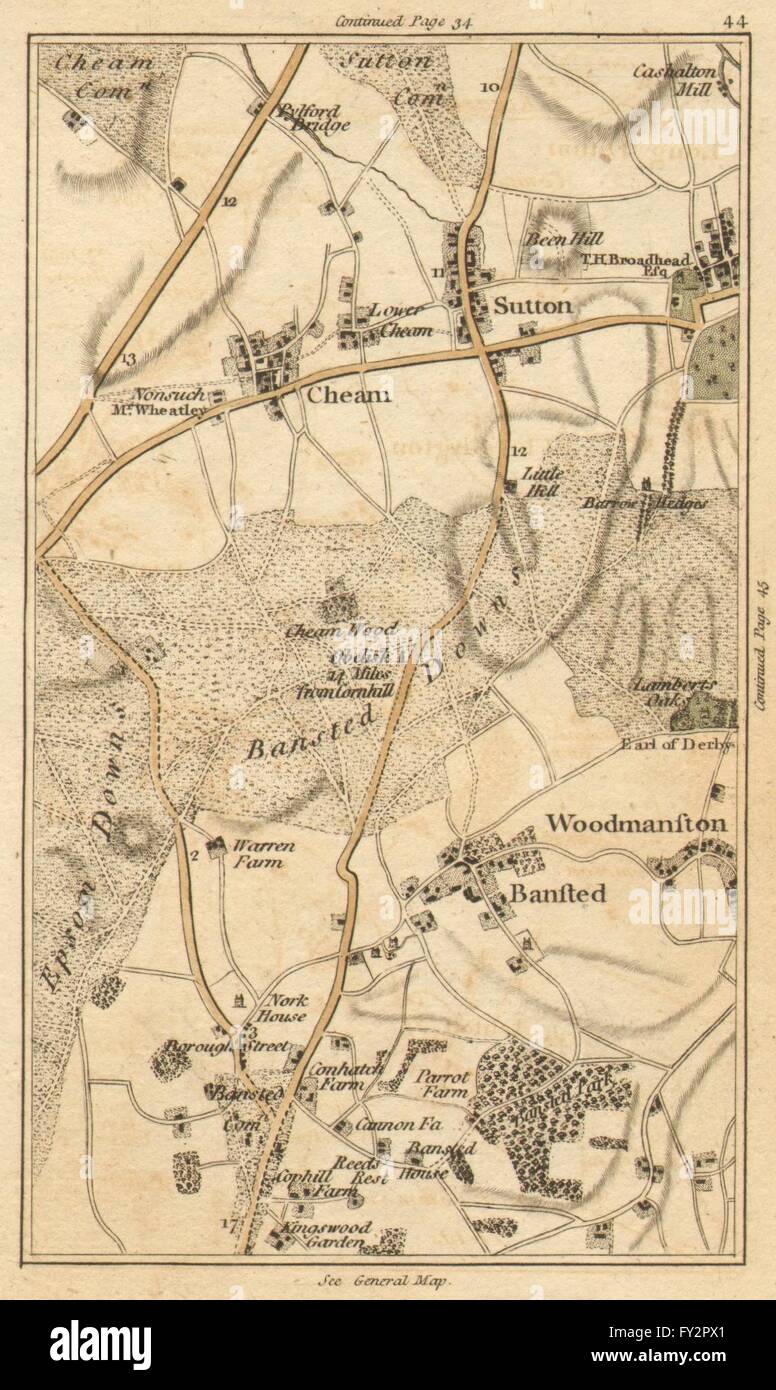 SUTTON: Carshalton, Cheam, Woodmansterne, Banstead, Chipstead, Ewell, 1786 map Stock Photo