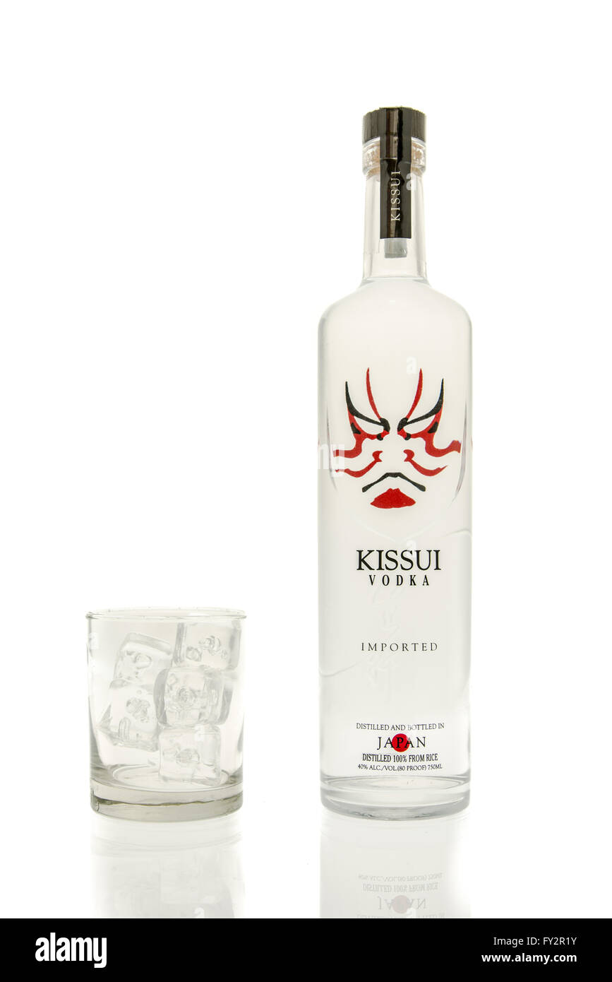 Winneconne, WI - 15 March 2016:  A bottle of Kissui Japan vodka with  a glass of ice Stock Photo