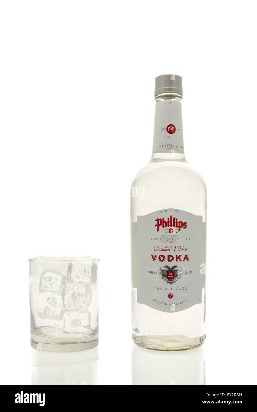 Winneconne, WI - 15 March 2016:  A bottle of Phillips vodka with a glass of ice Stock Photo